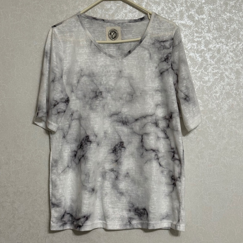 Tees2urdoor T2D White Grey Marble‎ Print V-neck 3/4 Sleeve Knit T-shirt XL
